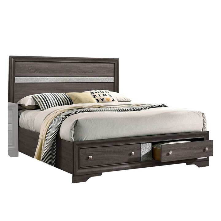 Po Four Piece Queen Size Silver Accented Solid Wood Bedroom Set, Gray, Brown - Benzara