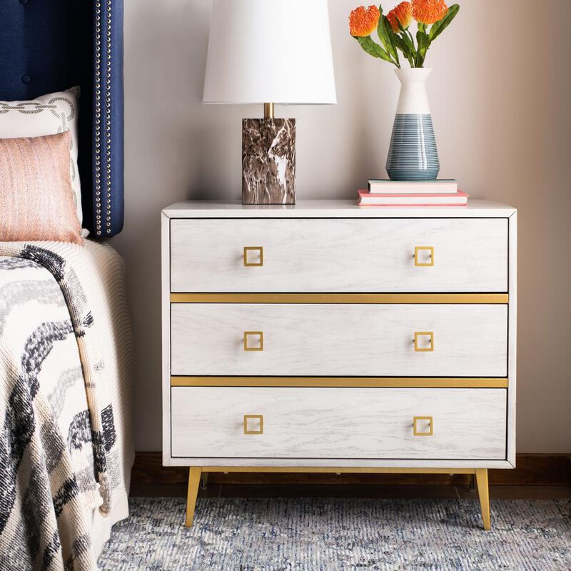 Safavieh Katia 3 Drawer Chest, White Wash/Gold