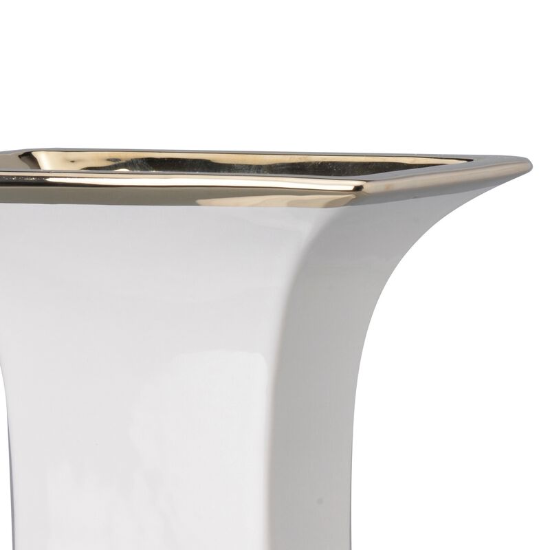 14 Inch Decorative Ceramic Vase, Artistic Turned Urn, White and Gold Rim - Benzara