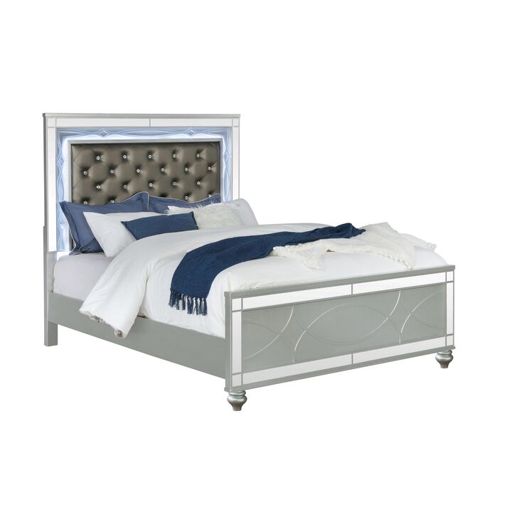 Gina California King Panel Bed, LED, Gray Faux Leather Upholstery, Silver - Benzara