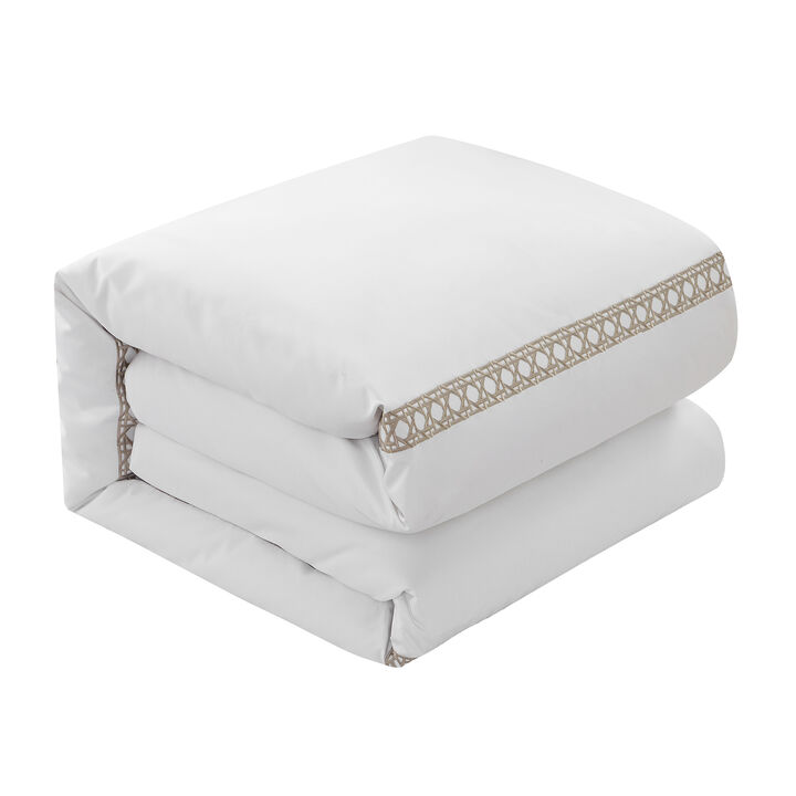 Chic Home Lewiston 3 Piece Cotton Blend Duvet Cover 1500 Thread Count Set Solid White With Embroidered Lattice Stitching Details Queen Taupe