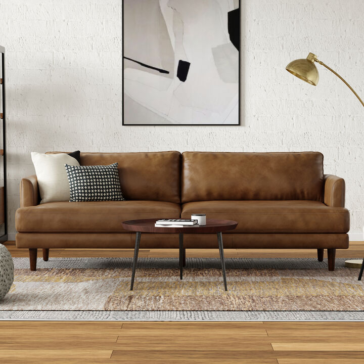 Livingston 90 inch Wide Mid-Century Modern Sofa in Caramel Brown Top Grain Genuine Leather