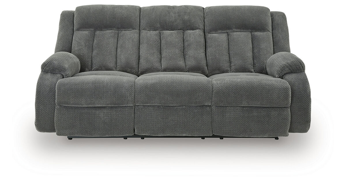 Greely Bend Power Reclining Sofa with Drop Down Table in Grey