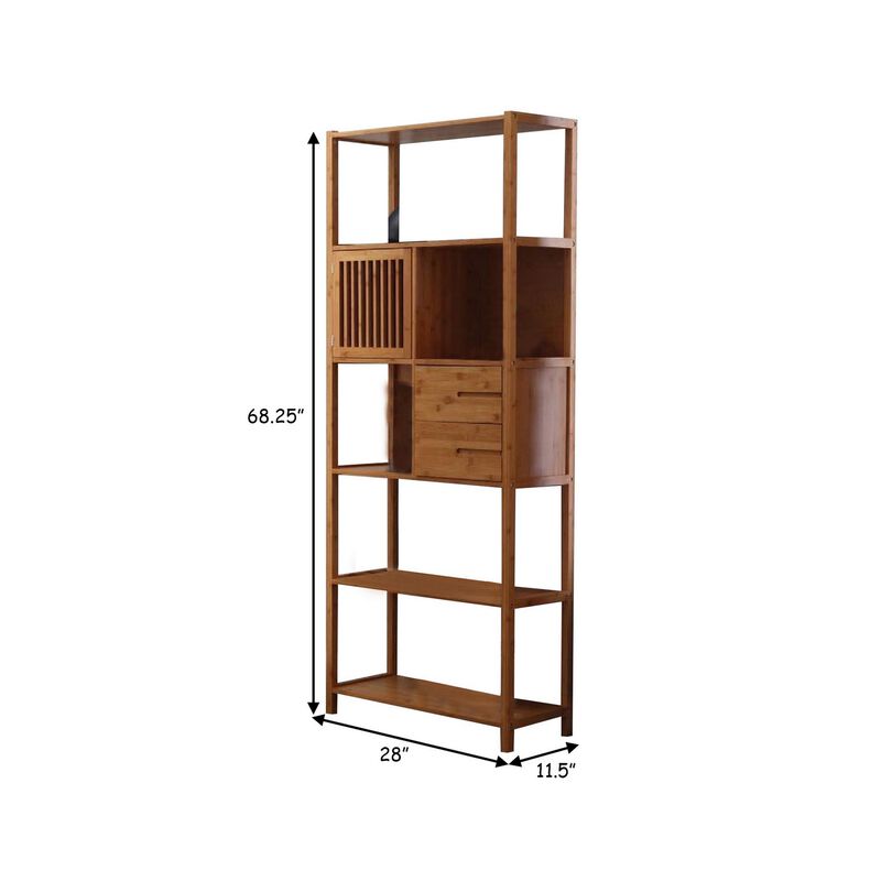 Axa 68 Inch Bamboo Right Facing Open Bookcase, 2 Cubbies, Shelves