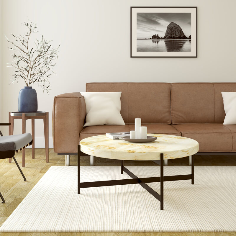 Hivvago 36 Inch Natural And Black Wood and Iron Round Coffee Table