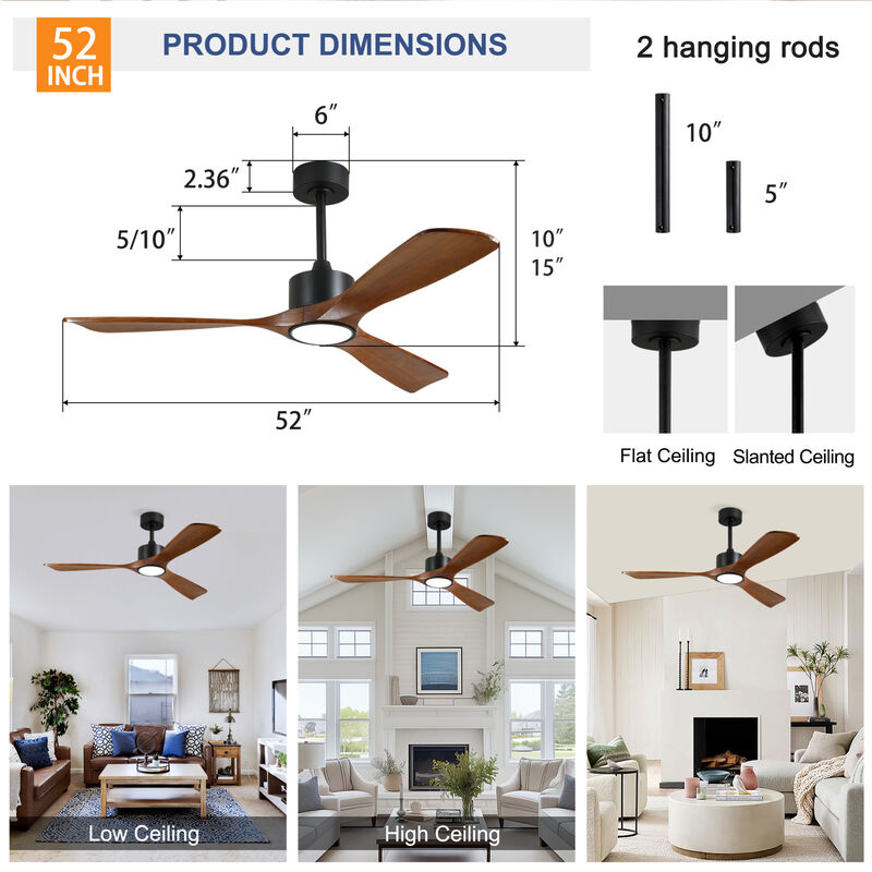 ELEMENT ACE 52 Inch 3 Rod Ceiling Fan with Dimmable LED Light Kit, 6 Speed Reversible Quiet DC Motor, Remote Control for Patio Living Room Bedroom Office Indoor Use image number 2