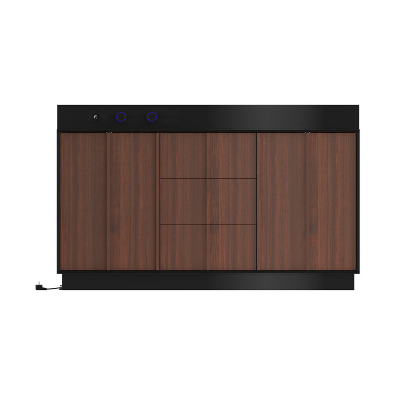 FUFU&GAGA High‑Gloss Black and Brown Wood Grain Cabinet with Sliding Power Socket Vertical Strip Accents 59.1''L x 15.4''W x 36''H