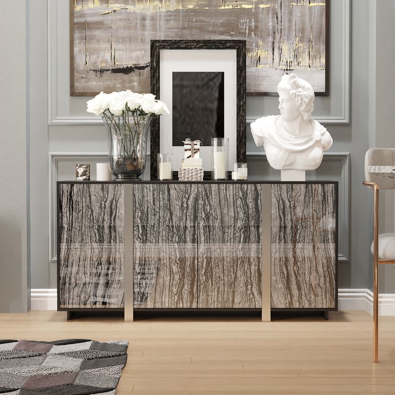 FUFU&GAGA Contemporary Black Sideboard with Marble-Pattern Glass Doors (63" W x 15.7" D x 31.5" H), P2 MDF Cabinet with Silver-Plated Legs