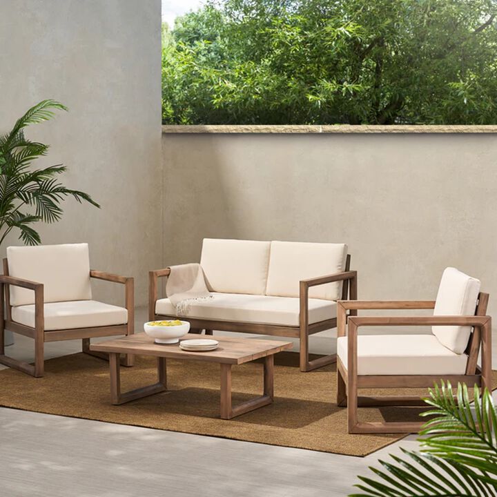 Merax Acacia Wood 4Piece Outdoor Chat Set - Slat Panel Design with Water-Resistant Cushions