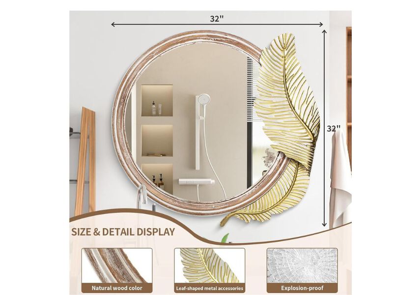 32" Rustic Leaf Wall Mirror &ndash; Decorative Round Wood Accent Piece
