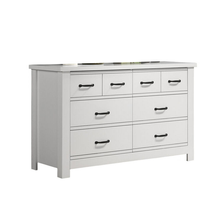 Jermy 51 Inch Wide Dresser, 6 Drawers, Black Handles, Crisp White Finish