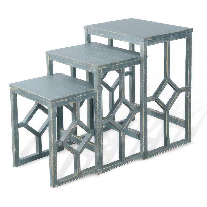 Rena 3 Piece Nesting Accent Table Set, Slatted, Rustic Green Mahogany image number 1