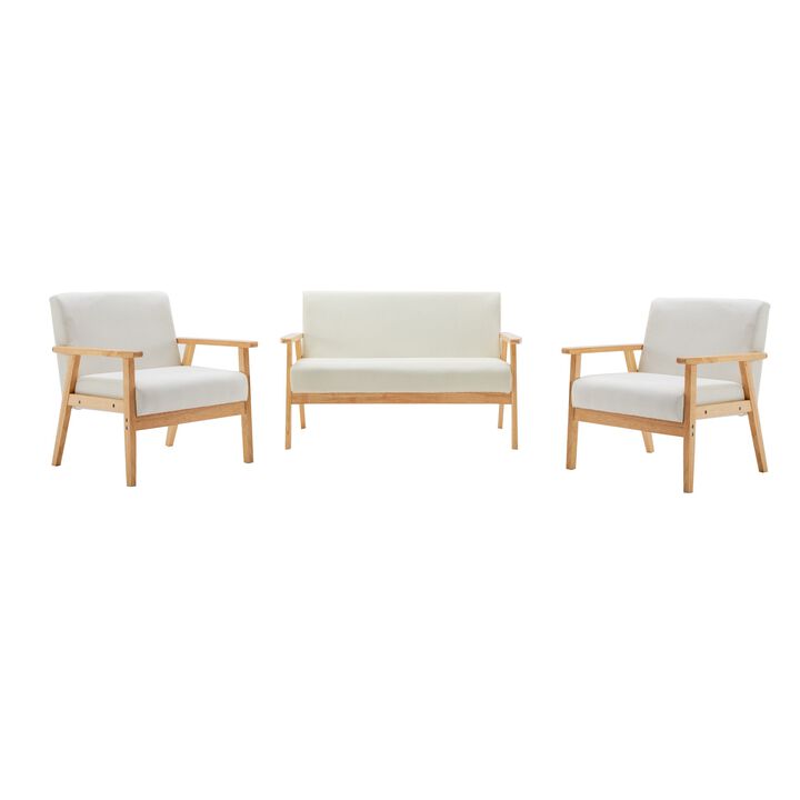 Gala 3 Piece Loveseat and Chair Set, Ivory Fabric, Espresso Wood Frame-Benzara