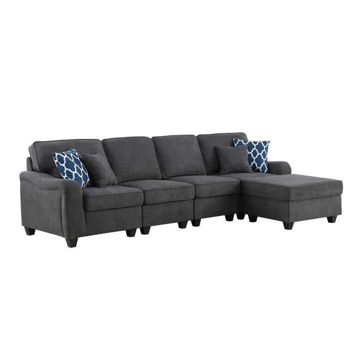 Lulu 119 Inch Sectional 5 Seater Sofa, Ottoman, 4 Pillows, Woven Dark Gray-Benzara