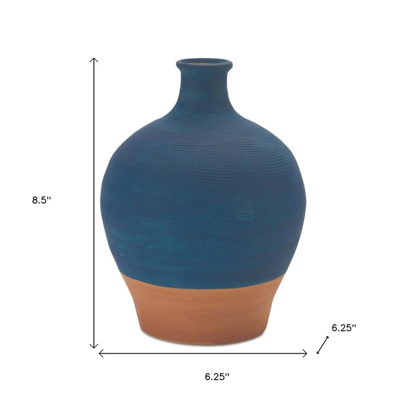 HomeRoots 9" Blue And Terra Cotta Ceramic Round Urn image number 3
