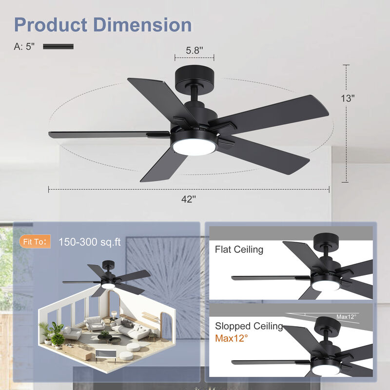 Breezary 42" Ceiling Fan with LED Light, 5 Reversible Blades, 6 Speeds, Remote image number 6