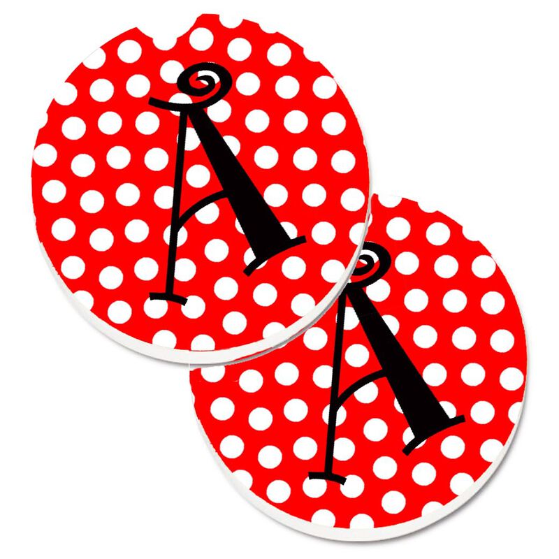 Caroline's Treasures Letter A Monogram - Red & black Polka Dots Set of 2 Cup Holder Car Coasters CJ1012-ACARC, 2.56, Multicolor