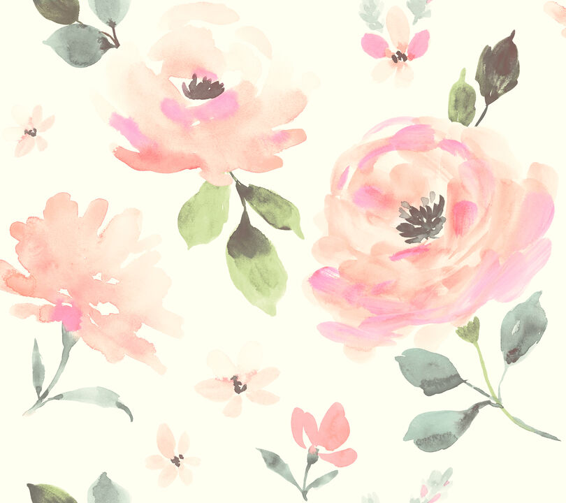 Watercolor Blooms Pinks & Oranges Wallpaper