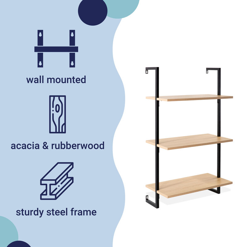 Madera  Industrial 3-Shelf Wood Wall-Mounted Open Ladder Bookcase