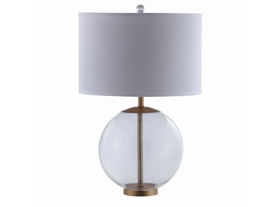 Drum Shade Metal Table Lamp with Glass Orb Accent, White and Brown - Benzara