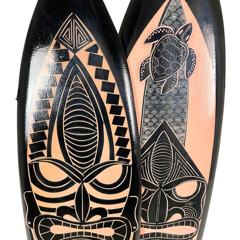 Set of 2 Surfboards &ndash; Tiki Mask Design, 39" Wood Wall Art, Tropical Decor image number 2