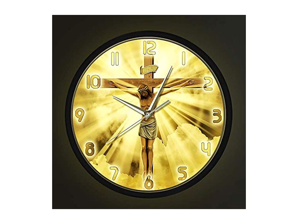 Voice Control LED Lighting Jesus Christ Wall Clock Silent Metal Home Decor