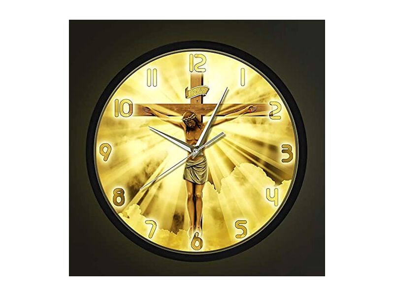Voice Control LED Lighting Jesus Christ Wall Clock Silent Metal Home Decor image number 0