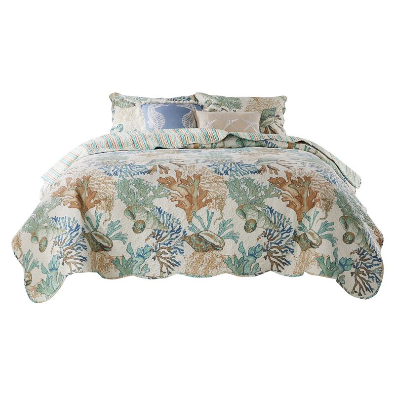 Wade 3pc Full/Queen Quilt Set with Sham, Jade Blue Coastal Microfiber - Benzara