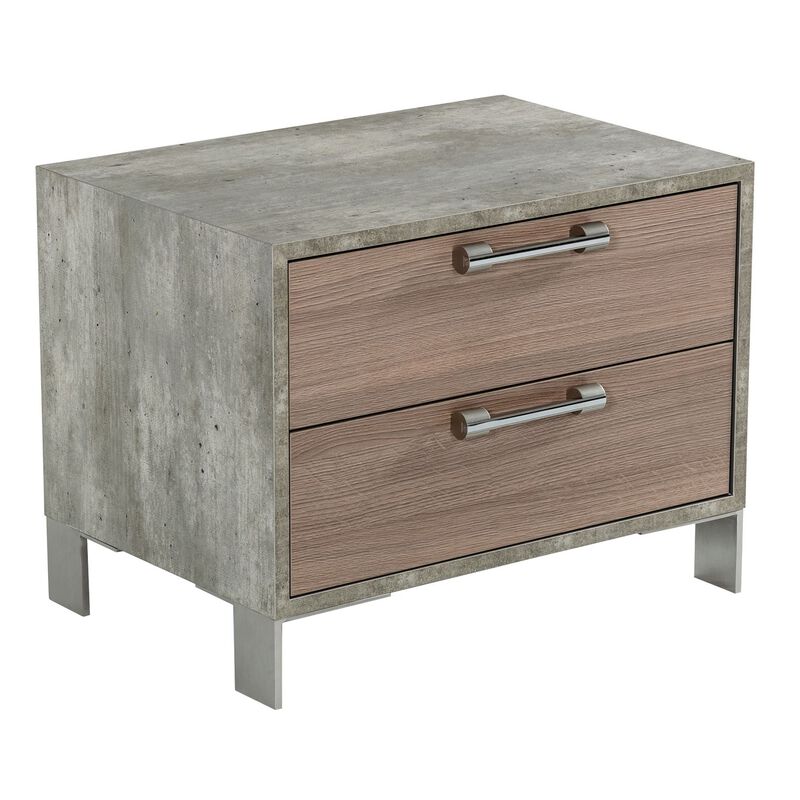 Noe Billy 26 Inch Nightstand, 2 Drawers, Gray Faux Concrete, Oak Laminate  - Benzara