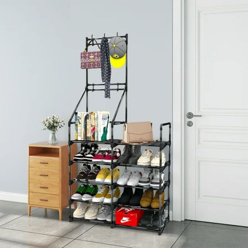 5-Tier Shoe Storage Organizer, Holds 25-30 Pairs, Freestanding Shoe Rack with Hooks