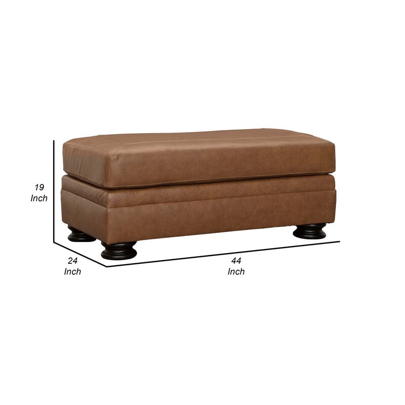 Aida 44 Inch Ottoman, Plush Cushion Top, Caramel Brown Genuine Leather - Benzara