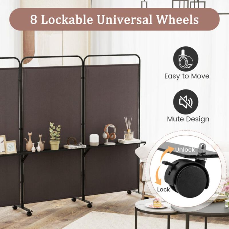 Hivvago 3-Panel Folding Room Divider with 3 Metal Shelves and Lockable Wheels