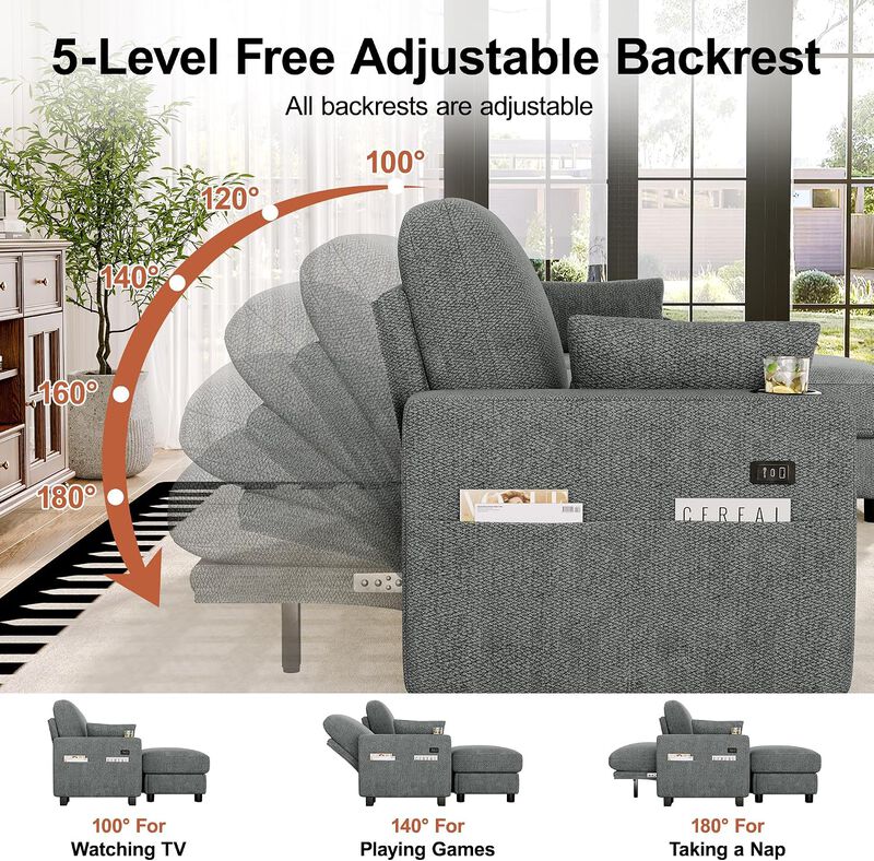 Vipbear 128" Modular Sectional Sofa, Chenille U Shaped Cloud Couch with Ottoman Adjustable Backrest image number 7