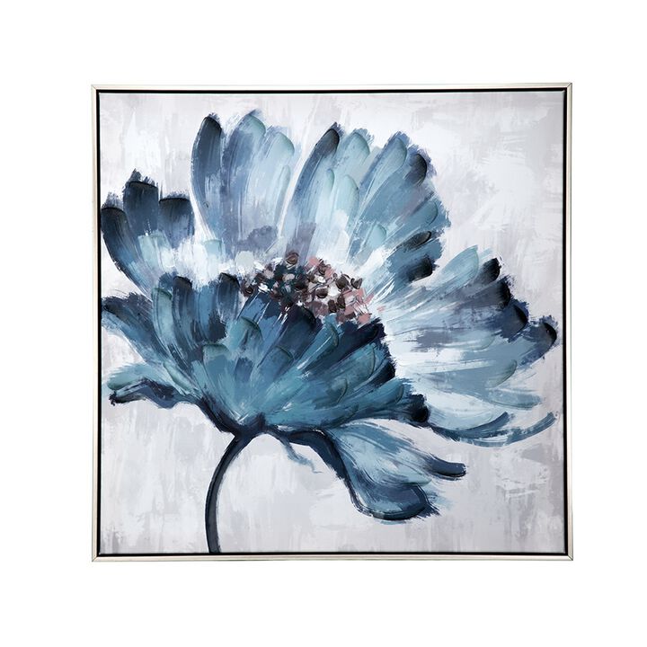 30 x 30 Embellished Handpainted Floral Canvas Wall Art, Blue and White - Benzara