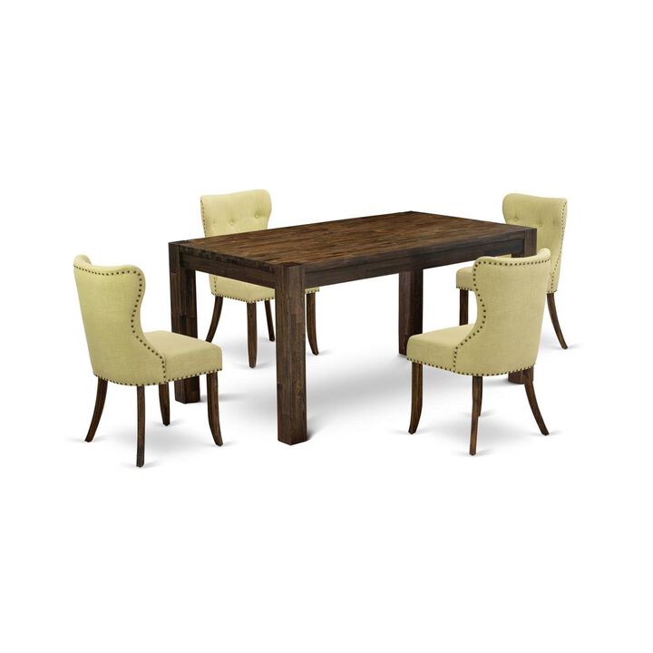 East West Furniture CNSI5-77-37 5-Piece Kitchen Dining Room SET- 4 Padded Parson Chairs with Limelight Linen Fabric Seat and Button Tufted Chair Back - Rectangular Table Top & Wooden 4 Legs - Distress
