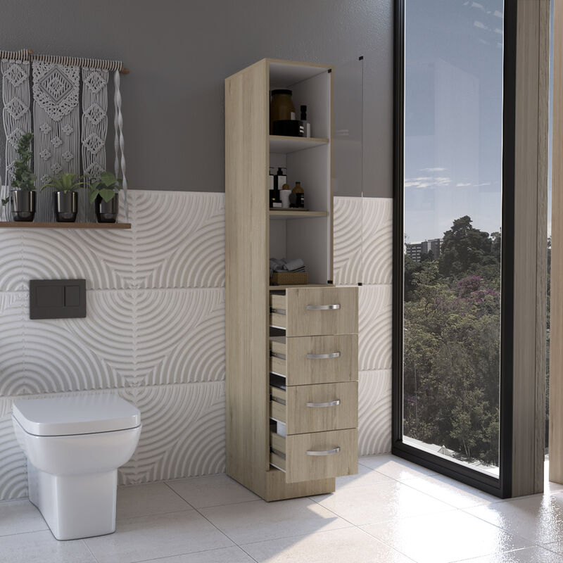 DEPOT E-SHOP Magna Linen Cabinet, Three Shelves, Four Drawers, Light Pine/White