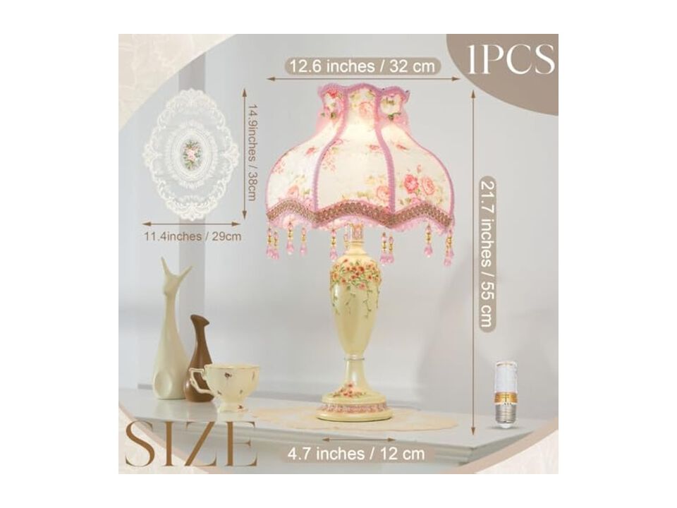 Vintage Victorian Antique Fabric Flower Table Lamp For Bedroom Nightstand Pink