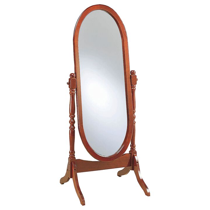Standing Cheval Mirror with Oval Frame Turned Posts, Brown - Benzara