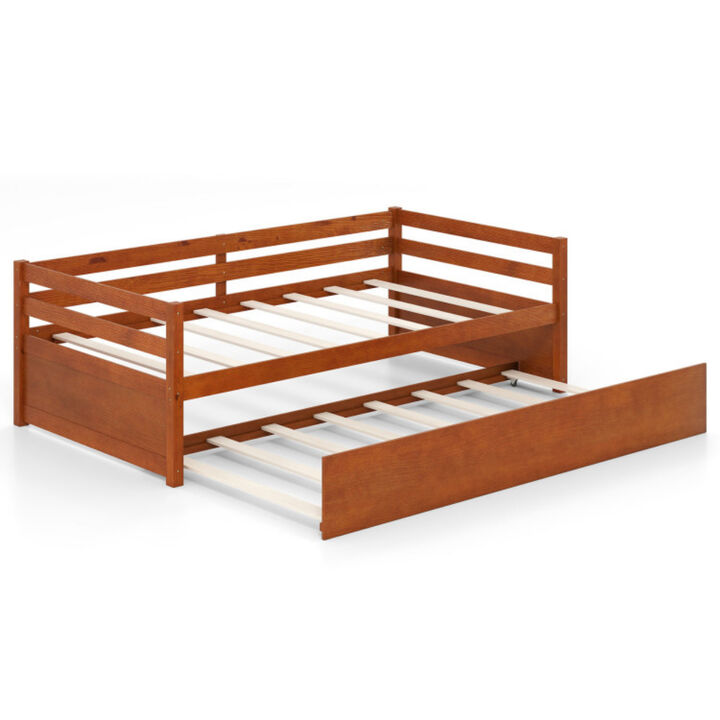 Twin Platform Bed Frame with Trundle and Wooden Slat Support