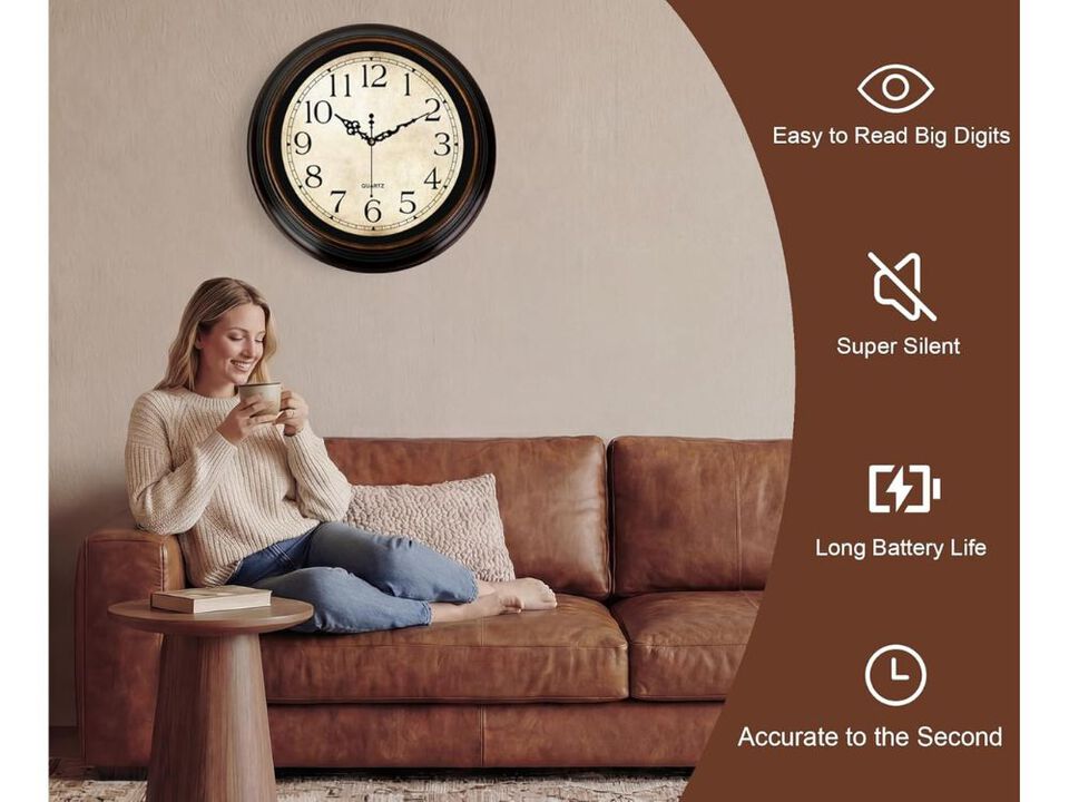 16" Vintage Wall Clock - Silent Battery Operated Quartz Analog Rustic Round Decor