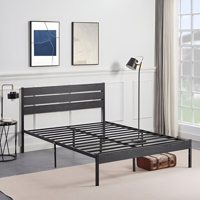 Industrial Platform Bed Frame with Slatted Wood Headboard image number 5