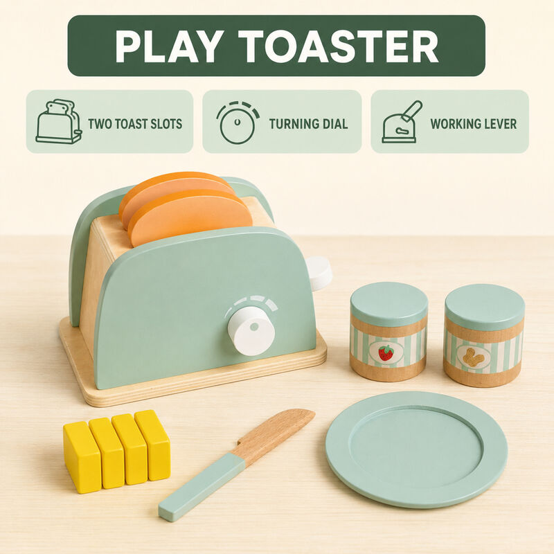 Teamson Kids 10-Piece Wooden Toy Toaster and Pretend Play Food Set, Green Set with Pretend Bread, Knife and Plate for Interactive Play, Little Chef Frankfurt image number 3