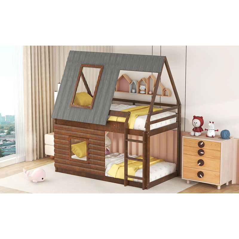 Wood Twin Size House Bunk Bed With Roof, Ladder And 2 Windows, Oak & Smoky