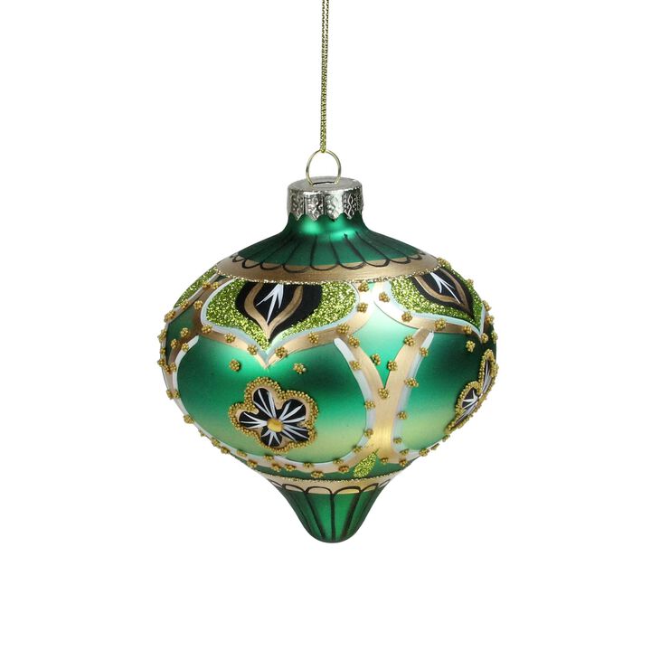 4.5" Green Gold Black Floral Bead and Jewel Glass Onion Christmas Ornament