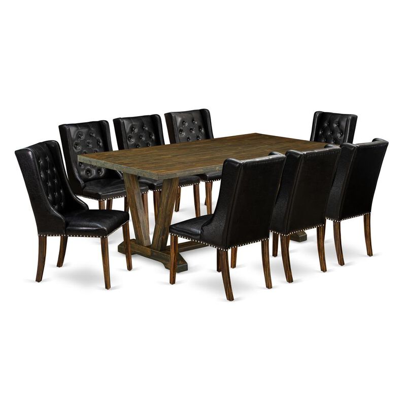 East West Furniture 9 Pc Dining Room Set - 8 Black Pu Leather Upholstered Chair Button Tufted with Nail heads and Kitchen Table - Distressed Jacobean Finish