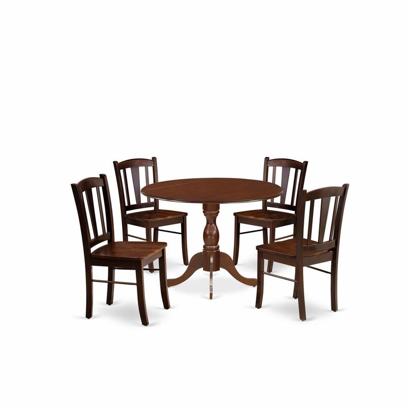 DMDL5-MAH-W - 5-Pc Kitchen Dining Room Set- 4 Dining Chairs with Wooden Seat and Slatted Chair Back - Dropleafs Dining Room Table - Mahogany Finish
