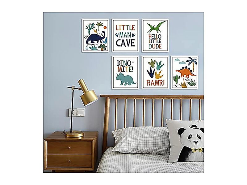 6 Pack Dinosaur Nursery Decor Framed Wall Art Boys Room Cute Baby Bedroom Kids image number 2