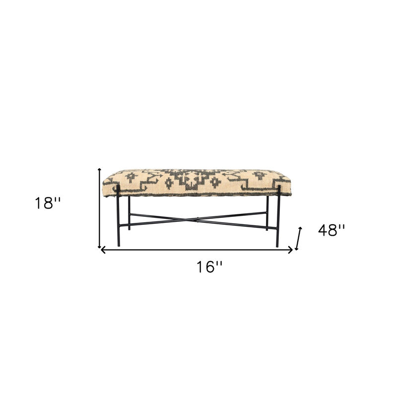 HomeRoots 48" Cream and Black Cotton Blend Upholstered Southwest Bench image number 6