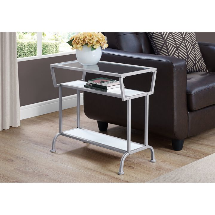 Monarch Specialties I 2068 Accent Table, Side, End, Narrow, Small, 2 Tier, Living Room, Bedroom, Metal, Tempered Glass, Laminate, White, Grey, Contemporary, Modern