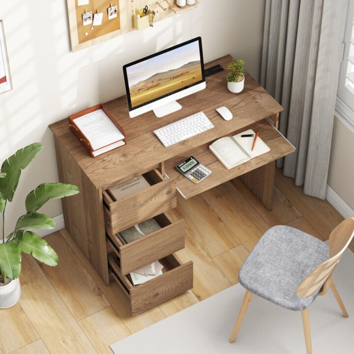 Hivvago Computer Desk with Power Outlet Keyboard Tray and 3 Large Drawers